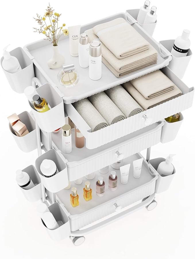 3 Tier Drawer Beauty Cart with 12 Movable Storage Organizer, Thickened ABS & 360° Wheels for Salon Station for Hair Stylist, Beauty Salon, Spa Massage Parlor, Makeup Organizer and More - White