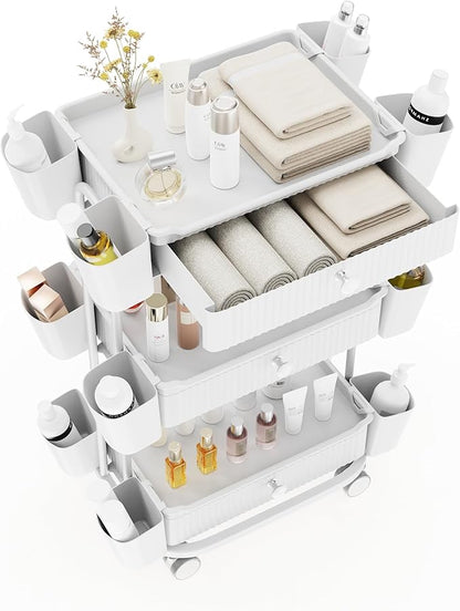 3 Tier Drawer Beauty Cart with 12 Movable Storage Organizer, Thickened ABS & 360° Wheels for Salon Station for Hair Stylist, Beauty Salon, Spa Massage Parlor, Makeup Organizer and More - White