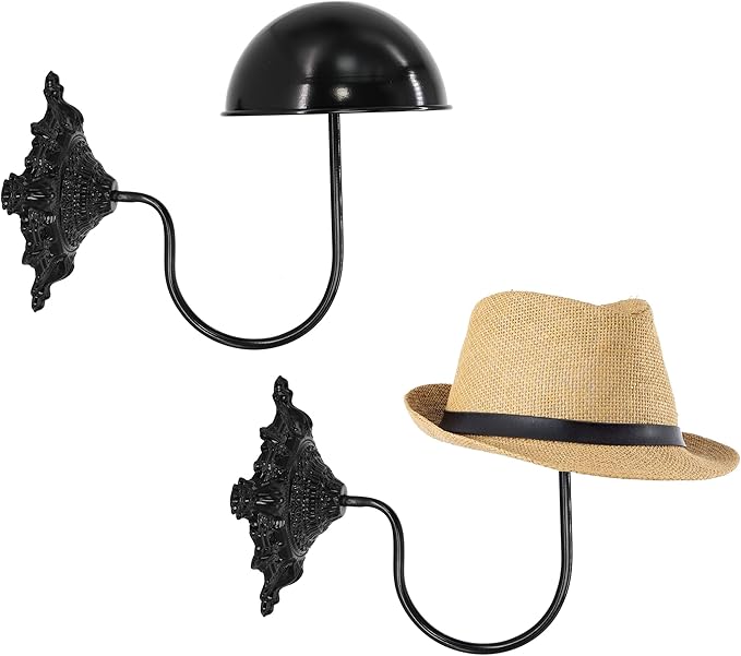 Owlgift Rustic Black Wall Mounted Hat Holder Set of 2 – Vintage Style Iron Cap Rack with Dome Top for Hats, Helmets, Wigs & Scarves – Decorative Wall Hook for Entryway, Home, Cafe, or Boutique
