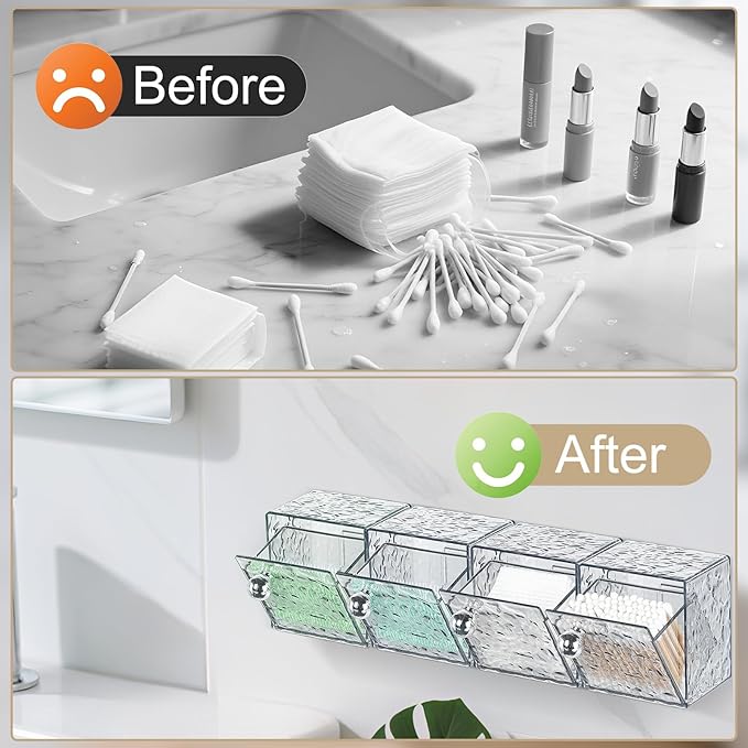 Qtip Holder Dispenser, Wall Mounted Plastic Cotton Pad Holder, Cotton Ball, Swabs, Floss, Makeup Organizers Containers for Vanity Bathroom (Transparent Gray, 4 Pcs)