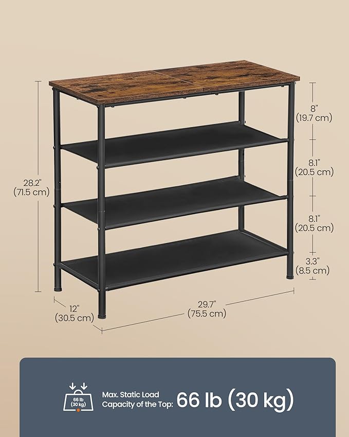 SONGMICS HOME 4-Tier Shoe Rack, Free Standing Shoe Storage Organizer, 12 x 29.7 x 28.2 Inches, Metal Frame with Top Surface for Closet Entryway, Rustic Brown and Black