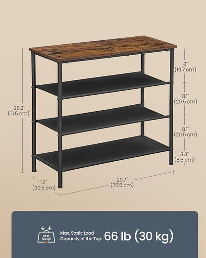 SONGMICS HOME 4-Tier Shoe Rack, Free Standing Shoe Storage Organizer, 12 x 29.7 x 28.2 Inches, Metal Frame with Top Surface for Closet Entryway, Rustic Brown and Black