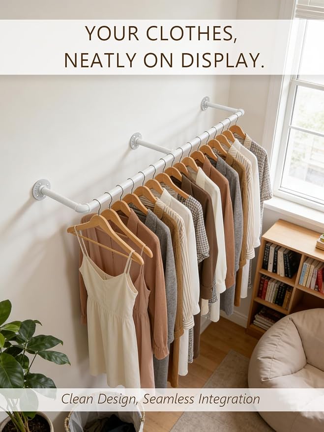 Aduanbang 65.7in Industrial Pipe Wall Mounted Clothes Rack, Heavy Duty Detachable Iron Garment Bar, Rustic Space-Saving Hanging Rod for Bedroom, Closet – White,4 hooks