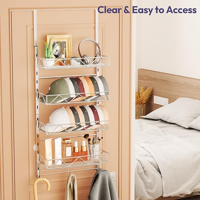 SWTYMIKI Over Door Hat Organizer - 5 Tier Wall Mounted Hat Rack with 4 Adjustable Metal Basket Heights Design and 3 Hooks, Baseball Cap Organizer Storage Holds up to 49 Caps for Door, Bedroom, Closet