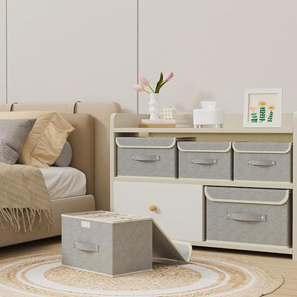 Storage Boxes, Collapsible Storage Bins with Lids, Cotton and linen cloth Storage Baskets with Handle, for Books, Closet, Bedroom, Home, 13x9.1x7.9 in, Grey