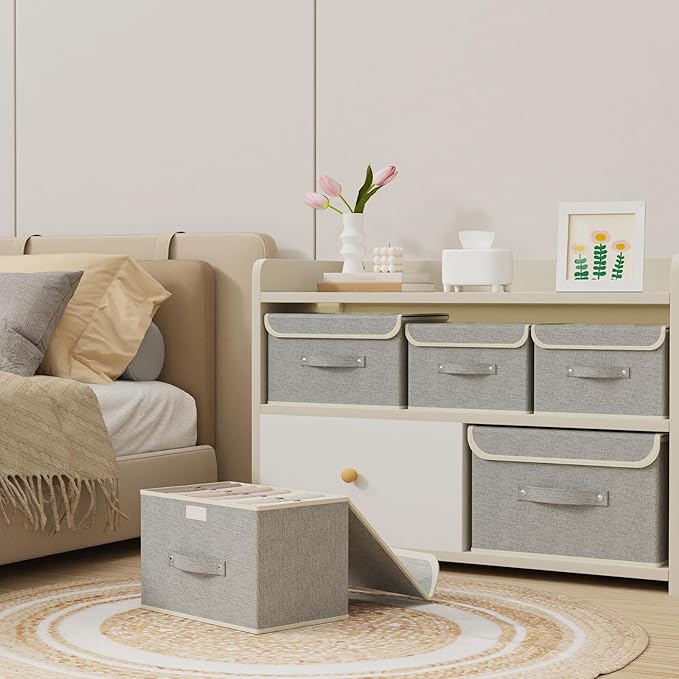 Fabric Storage Bins Cube Organizers with Flip-Top Lid and Handles,Storage Boxes for Organizing Home,Office,and Closet,Grey,5 Pack 10.2 X 7.9 X 6.7 in
