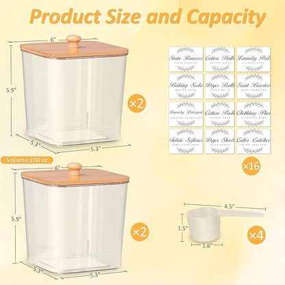 efluky 4 pack Laundry Pods Container & Dryer Sheet Holder Set,Clear Laundry Room Organization Containers with Bamboo Lids and Labels,Laundry Pods Holder for Scent Booster,Powder,Pod