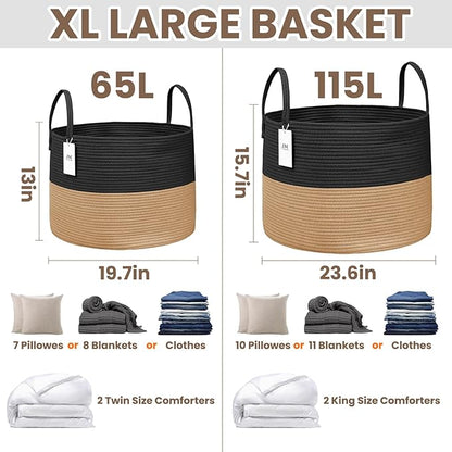 JMvicyroam 65L Extra Large Blanket Basket for Living Room - Woven Cotton Rope Laundry Hamper with Reinforced Handles - Storage Bin for Pillows, Comforters & Toys - Machine Washable,Black&Jute