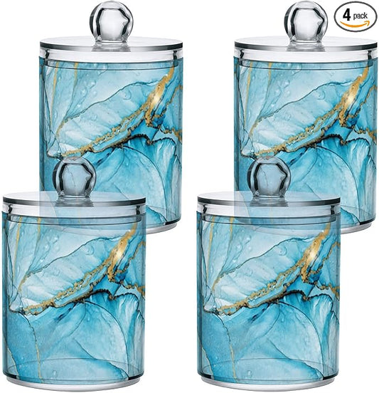 4 Pack Qtip Holder Dispenser Blue Marble Liquid Watercolor Cotton Ball Swab Round Pads Floss Clear Bathroom Storage Containers Plastic Apothecary Jars with Lids