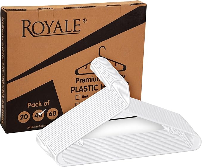 Royale Linens Plastic Hangers 40 Pack - White Clothes Hanger with Hooks – Heavy Duty Space Saving Coat Hangers Ideal for Everyday Use for Tops, Skirt, Dress, Shirts, Pants