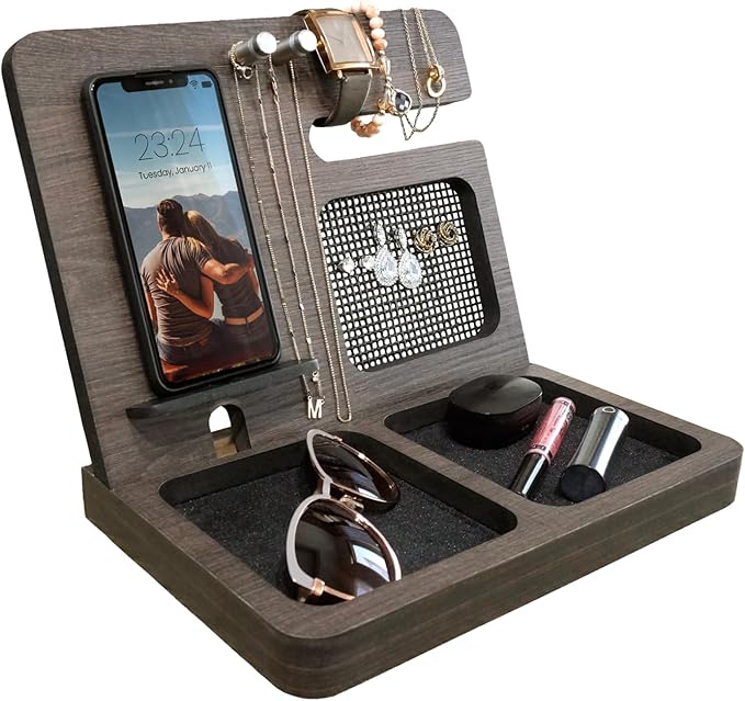 Namore Nightstand Organizer for Women – Wood Phone Docking Station & Jewelry Valet Tray for Phone, Earrings, Wallet & Keys – Unique Gifts for Women, Wife, Mom