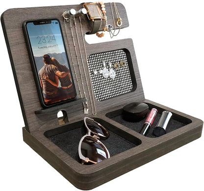 Namore Nightstand Organizer for Women – Wood Phone Docking Station & Jewelry Valet Tray for Phone, Earrings, Wallet & Keys – Unique Gifts for Women, Wife, Mom