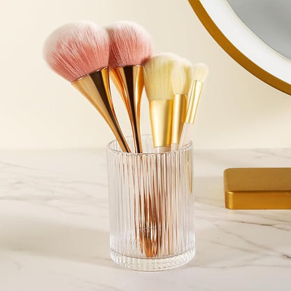 DASITON Makeup Brush Holder Organizer, Crystal Cosmetic Makeup Brushes Storage Holder, Glass Make Up Brush Holder, Vintage Striped Make Up Cup Desk Pen Pencil Holder, Toothbrush Holders (Clear S)