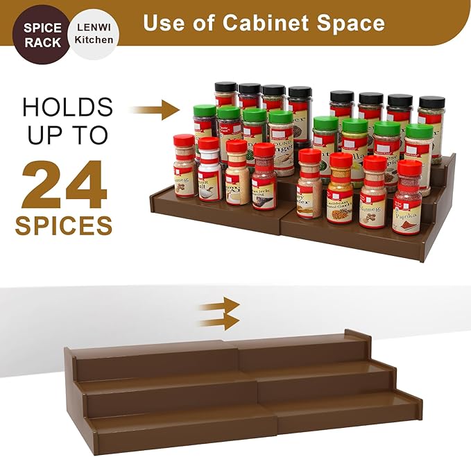 Lenwi Spice Rack Organizer for Cabinet, 3 Tier Expandable Bamboo Spice Storage for Kitchen Cupboard Pantry, Brown