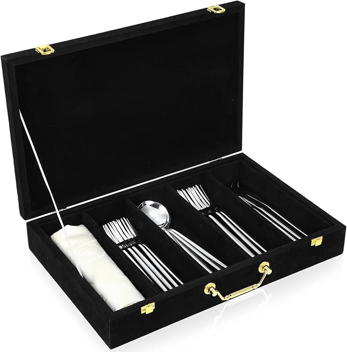 Pickmesh Silverware Case with Lid and Handle, Silverware Storage Box Sterling Silver Flatware Chest Without Silver Tarnish Proof Utensils Organizer for Kitchen Decor Wedding Gifts(Black,1 Layer)