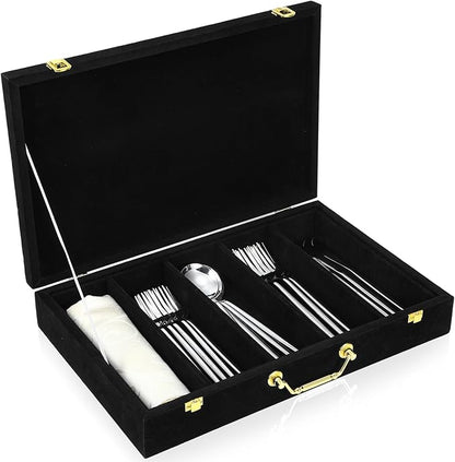 Pickmesh Silverware Case with Lid and Handle, Silverware Storage Box Sterling Silver Flatware Chest Without Silver Tarnish Proof Utensils Organizer for Kitchen Decor Wedding Gifts(Black,1 Layer)