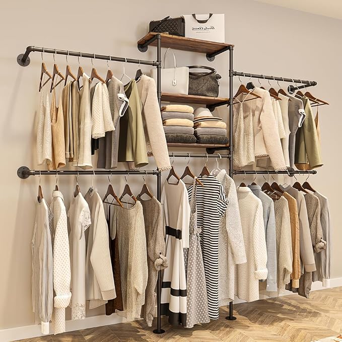 KaKaBB Industrial Pipe Clothing Rack - Heavy Duty Wall Mounted Clothes Rack, Corner Closet System, DIY Wardrobe Organizer with Shelves, Walk in Closet Storage (BLACK, 94.5")