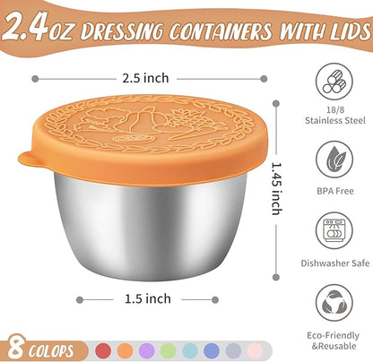 SANEXC 8 Pack - 2.4 Oz Small Salad Dressing Containers To Go, Leakproof Condiment Containers with Lids Reusable Stainless Steel Sauce Cups for Lunch Boxes Kitchen Storage Picnics Travel Meal Prep