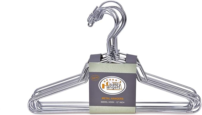 Quality Hangers Metal Children Hangers - Swivel Hook with Stainless Steel Body - Heavy Duty Wire Clothes Hangers - Pack of 10 - Hangers for Kids