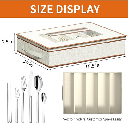 Aokeyee 2-Pack Silverware Storage Box, Sturdy Flatware Organizer with 5 Compartments & Adjustable Dividers, Utensil Case with Clear Lid & Handle for Knives, Forks & Spoons, Ivory