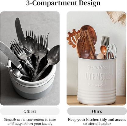 DOWAN 3 Compartment Kitchen Utensil Holder, 7.2″ Extra-Large Ceramic Stable Utensil Caddy, Rustic Cooking Utensil Crock for Farmhouse Kitchen Décor, Utensil Holder for Countertop