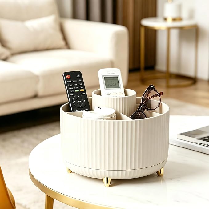 360°Rotating Makeup Brush Holder Organizer, Beige Countertop Cosmetic Display Case, Spinning Skincare Storage Carousel for Vanity, Desktop & Bathroom