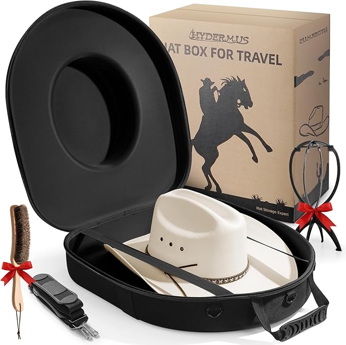 Hat Box for Cowboy Travel Extra Large, Waterproof Hard Hat Travel Case Storage Can for Fedora Panama Tweed Cap Hat Holder Organizer Carrier with Adjustable Carry Strap, Mens Western Gift, Large Black