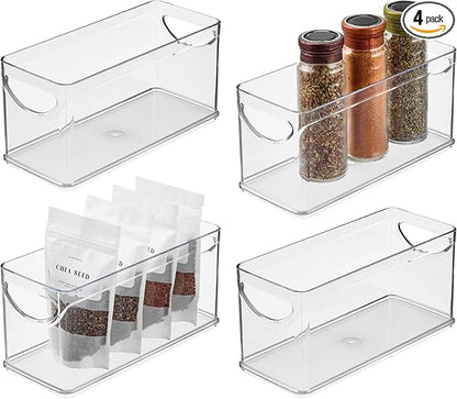iDesign Narrow Pantry Bin with Handles for Kitchen Cabinets or Fridge, Set of 4, Clear, Made in USA