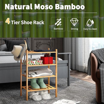 Small Shoe Rack, 4-Tier Bamboo Stackable Shoe Shelf Storage Organizer, Shoe Stand for Closet, Entryway and Hallway