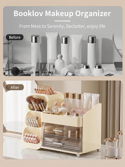 Booklov Makeup Organizer for Vanity, Large Capacity Cosmetic Display Case with Clear Acrylic Drawer, Countertop Beauty Storage Holder for Skincare, Brush Eyeshadow Lipstick Counter Desk, Crystal Cream