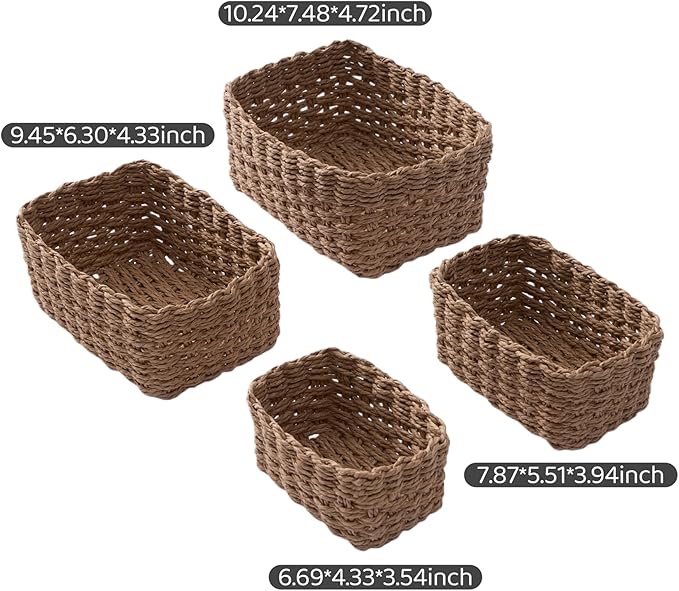 4PCS Woven Storage Baskets Set, Small Baskets for Organizing, Square Handwoven Paper Rope Organizer Bins for Shelves and Home Storage (Brown)