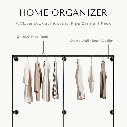 Black Industrial Pipe Clothing Rack 75" W Wall Mounted, Heavy Duty Iron Garment Rack 150 lbs per Rod, Open Closet Organizer for Bedroom Laundry Room Retail Display