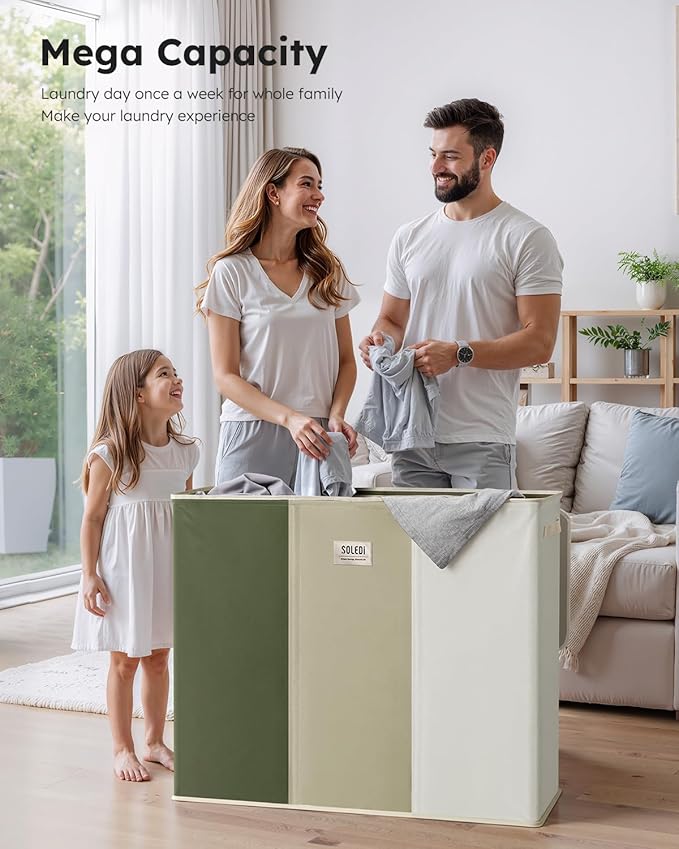 SOLEDI 180L 3-Section Laundry Hamper with Lid, Extra Large Dirty Clothes Basket with Sturdy Handles for Laundry Room & Bedroom - Durable Organizer for Sorting Laundry