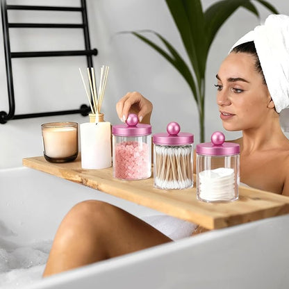 Pink Qtip Holder Bathroom Set - 3 Pack Apothecary Jars with Metal Lids and Vanity Tray.Bathroom Organizers and Storage, Cute Vanity Makeup Organizer, Bathroom Decor Accessories