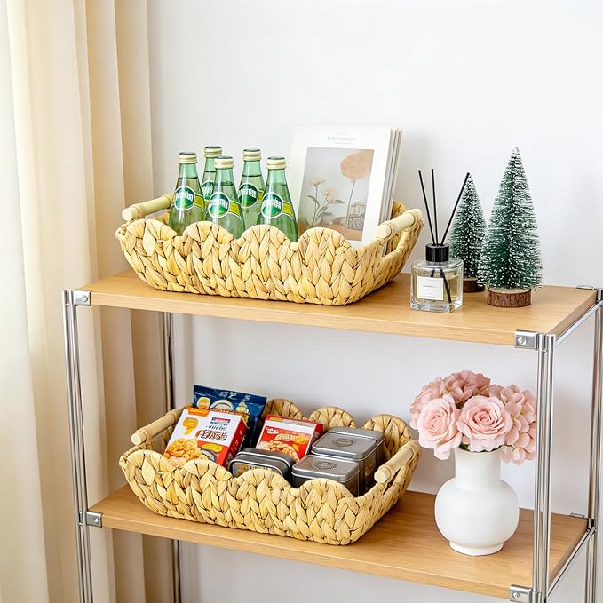 2Pack Scalloped Edge Wicker Basket,Hand-Woven Rattan Baskets with Wooden Handles,Natural Water Hyacinth Basket for Laundry,Shelves,Gift Basket