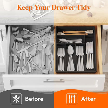 Lifewit Silverware Drawer Organizer Tray, Plastic Cutlery Storage for Kitchen, Flatware and Utensil Holder Divider for Spoons Forks Knives Tableware, 12.3 x 16", 6 Slots, Black