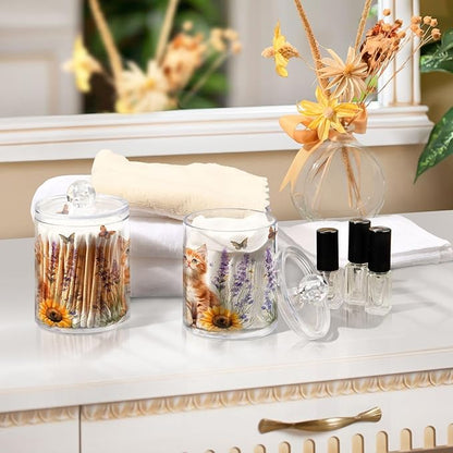4 Pack Qtip Holder Dispenser Lavender Cat Sunflower Cotton Ball Swab Round Pads Floss Clear Bathroom Storage Containers Plastic Apothecary Jars with Lids