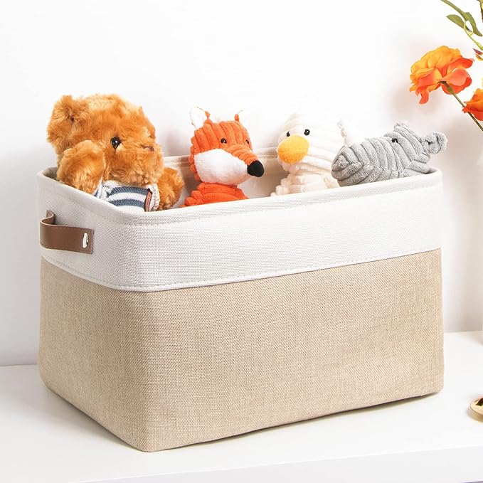 DULLEMELO Fabric Storage Basket for Shelves/Closets, Collapsible Rectangle Basket for Organizing Clothes, Towels, Books, Laundry, Nursery, Dog Basket Empty (White&Khaki)