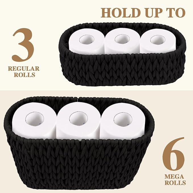 Boho Toilet Paper Storage Baskets, Cotton Rope Woven Bathroom Basket Set of 2, Standing Toilet Paper Holder for 6 Mega Rolls,Storage Bins for Toilet Tank Top, Bathroom Organizer Decor (Black 2 Pack)