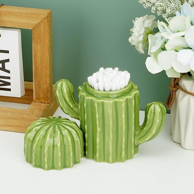 Q-tip Holder, Q-tip Holder Ceramic, Holder Dispenser for Bathroom Canister Storage Organization, for Cotton Ball, Cotton Swab, Floss Picks( (Green)