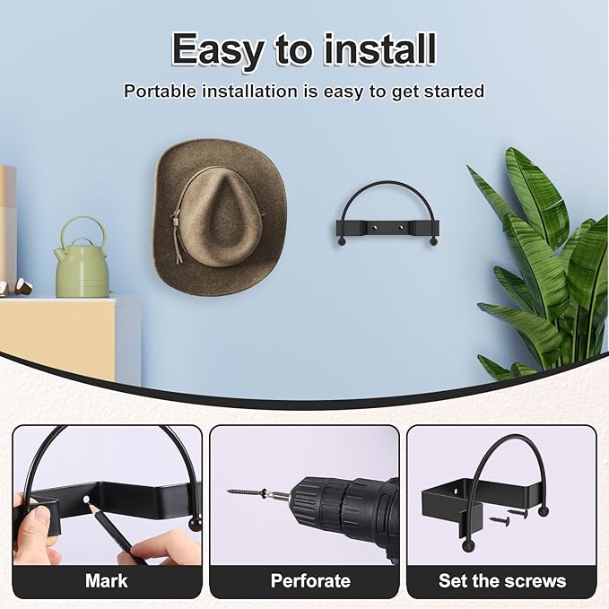 4 Pack Cowboy Hat Rack, Wall Mount Cowboy Hat Holder, Hat Hooks for Wall, Wide Brim Western Hat Hanger Organizer for Baseball Caps Display, Non-Damage Brim Design, Wall Decor Western Decor