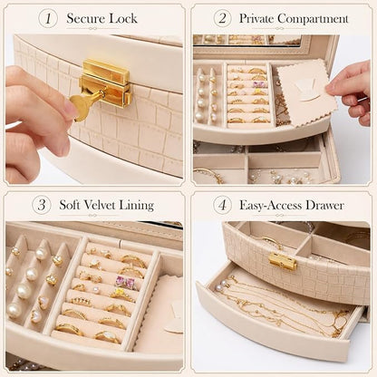 Elegant 3 Layer Lockable Jewelry Box for Women – Mirrored Jewelry Organizer with Key & Drawer, Travel Friendly PU Leather Storage Case,Gift for Wife, Mom, Daughter (off-white)