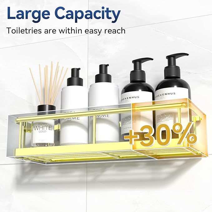 YASONIC Shower Caddy Adhesive, No Drill Bathroom Shower Organizers, with Removable Hooks, Rust Proof Shower Shelves, Wall-Mounted Shower Holder, 2 Pack Gold