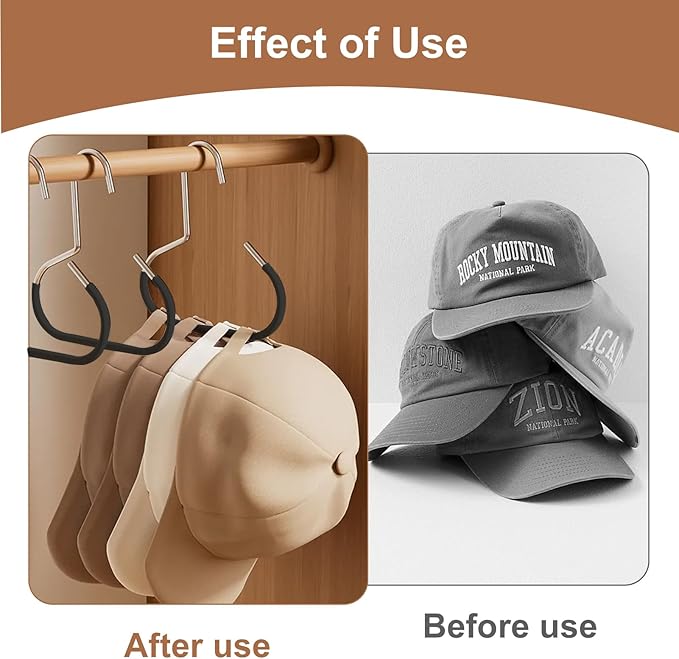 6 Pcs Hat Organizer for Baseball Caps, Heavy-Duty Metal Closet Cap Rack Holder for Space-Saving, Cap Organizer for Baseball Caps, Beanies, Belts, Purses (Black)