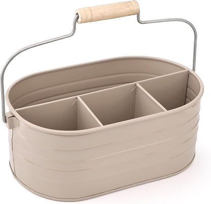 Alpha Living Home Multi-Functional Utensil Silverware Caddy - 4 Compartment Organizer for Kitchen, Party & Office – Durable Beige Powder-Coated Iron Alloy with Wooden Handle