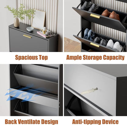 JOZZBY Shoe Cabinet Storage with 3 Flip Drawers for Entryway, Black Slim Freestanding Modern Narrow Shoe Organizer Rack Cabinet for Hallway, Living Room, Set of 2