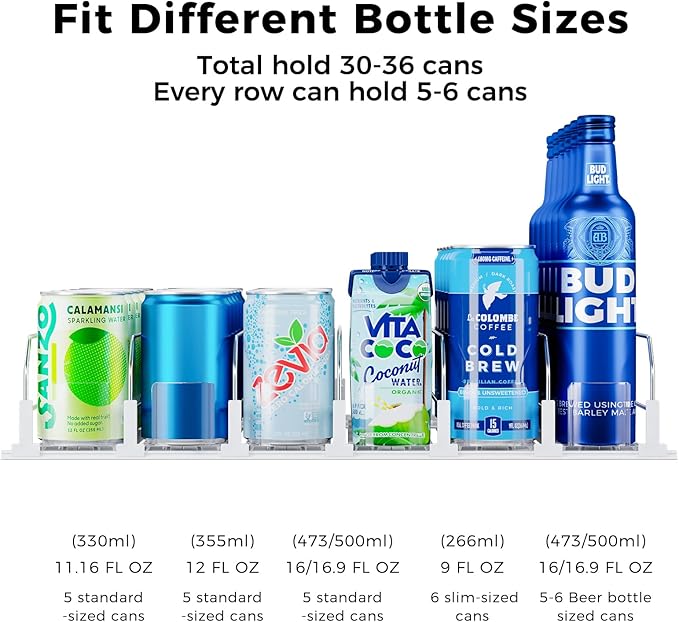Puricon Drink Organizer for Fridge Pusher Glide, Spring Loaded Fridge Drink Dispenser, Self Pushing Soda Can Organizer for Refrigerator, Beer Bottle Beverage Organizer Drink Holder -6 Rows, White