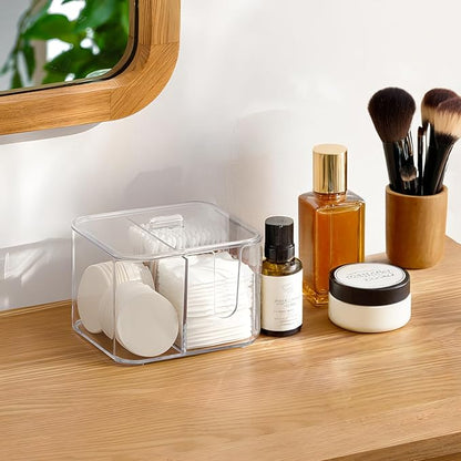 KIMCHOMERSE Qtip Holder, 4 Compartments Bathroom Canisters for Cotton Swab, Cotton Ball, Clear Acrylic Containers with Lid for Bathroom Vanity Countertop