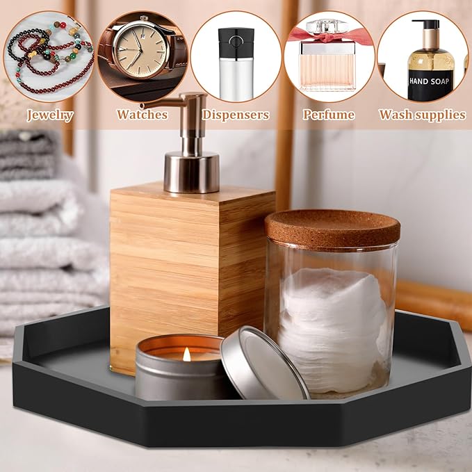 3Pcs Bathroom Trays with Anti Slip Bottom Decorative Silicone Vanity Trays Space Saving Perfume Trays for Candle Soap Shampoo (Octagon)