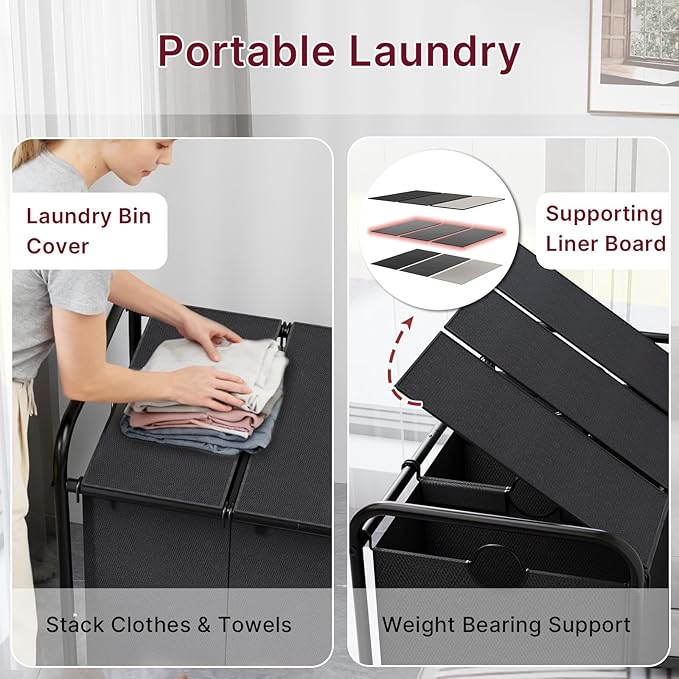 180L Laundry Sorter 3 Section – Heavy Duty Rolling Laundry Basket with Lockable Wheels and Lid, 3 Large Separate Removable Bags, Laundry Hamper Cart for Laundry Room Organizer